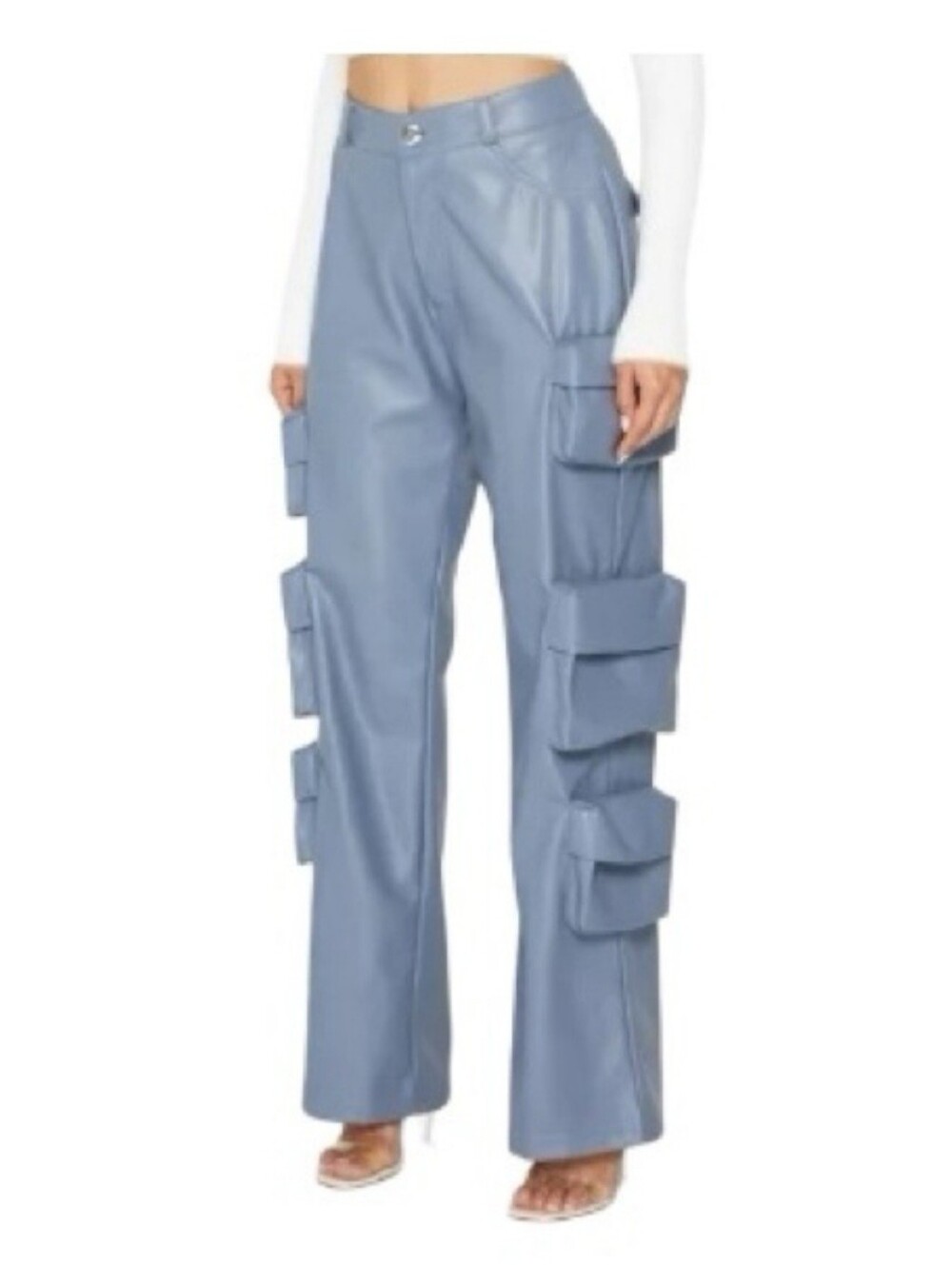 Maniere De Voir Blue Cargo Pants in Vegan Leather, Size US 8, New With Tags